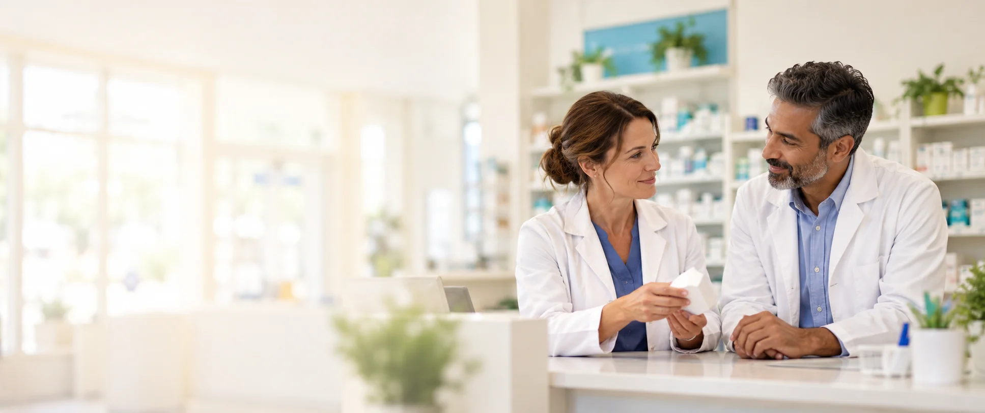 Two pharmacists collaborating at a community pharmacy counter